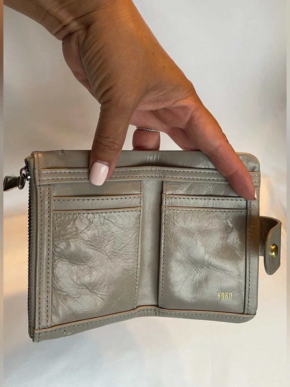 HOBO Gray Leather Snap Wallet with Gold Hardware Like New